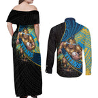 Gold Coast Titans Rugby Couples Matching Off Shoulder Maxi Dress and Long Sleeve Button Shirt Tribal Polynesian Power Art - Lightning Mascot