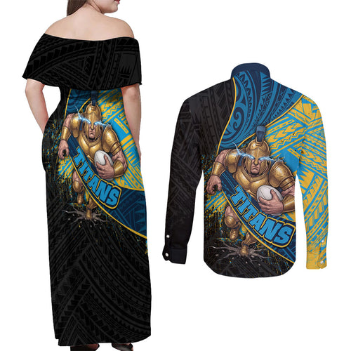 Gold Coast Titans Rugby Couples Matching Off Shoulder Maxi Dress and Long Sleeve Button Shirt Tribal Polynesian Power Art - Lightning Mascot