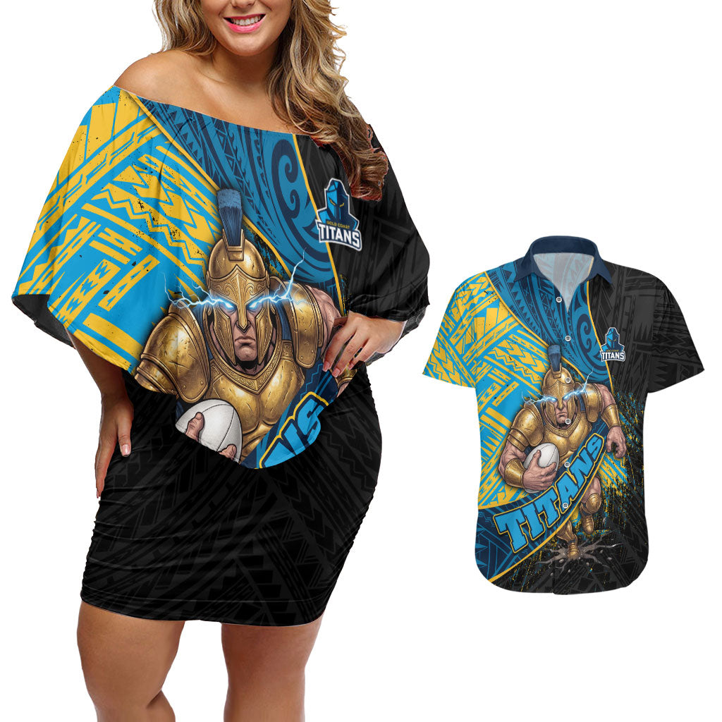Gold Coast Titans Rugby Couples Matching Off Shoulder Short Dress and Hawaiian Shirt Tribal Polynesian Power Art - Lightning Mascot