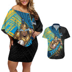 Gold Coast Titans Rugby Couples Matching Off Shoulder Short Dress and Hawaiian Shirt Tribal Polynesian Power Art - Lightning Mascot