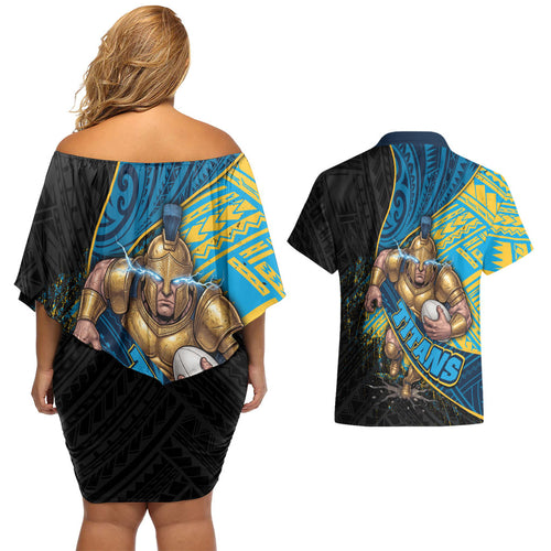 Gold Coast Titans Rugby Couples Matching Off Shoulder Short Dress and Hawaiian Shirt Tribal Polynesian Power Art - Lightning Mascot