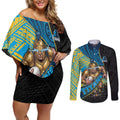 Gold Coast Titans Rugby Couples Matching Off Shoulder Short Dress and Long Sleeve Button Shirt Tribal Polynesian Power Art - Lightning Mascot