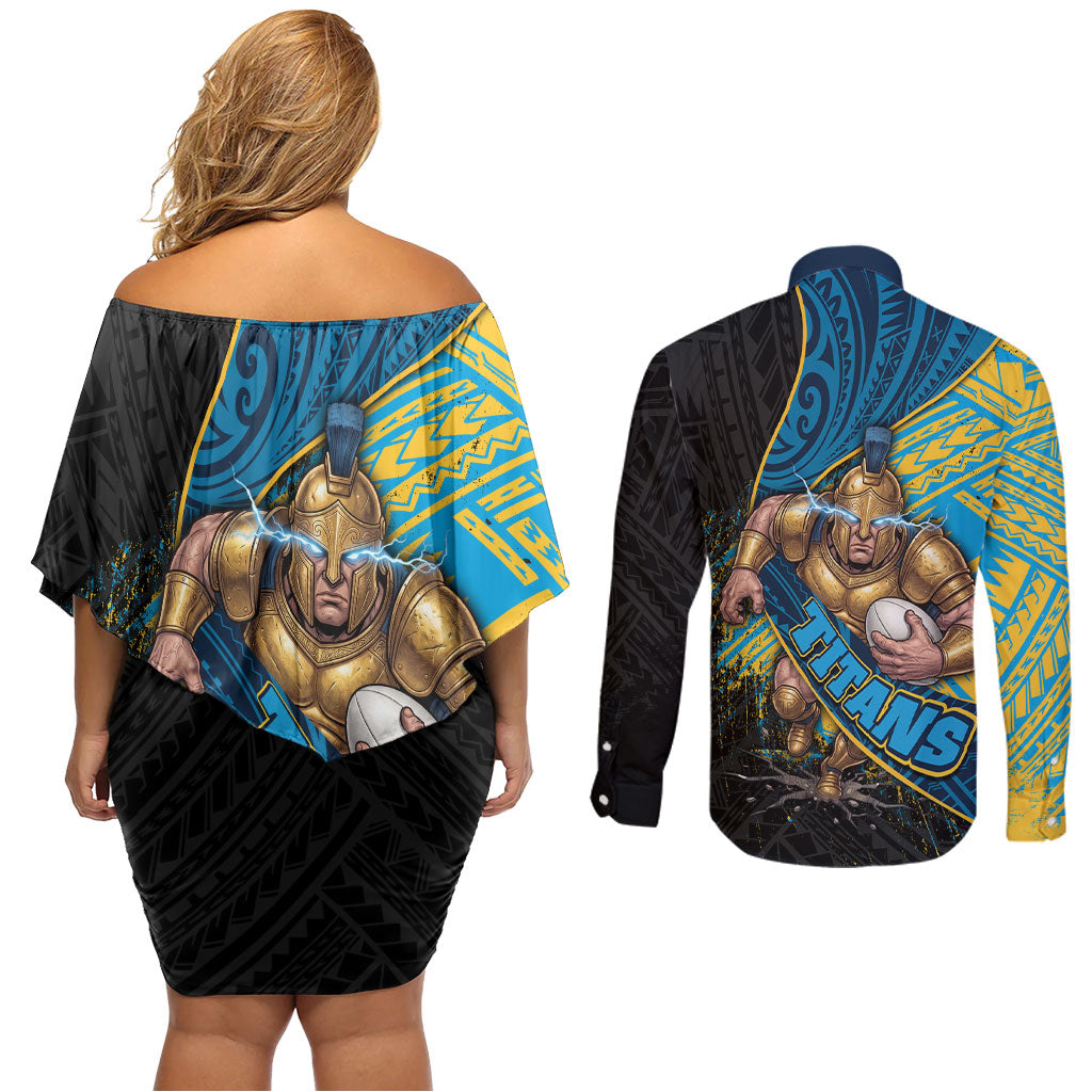 Gold Coast Titans Rugby Couples Matching Off Shoulder Short Dress and Long Sleeve Button Shirt Tribal Polynesian Power Art - Lightning Mascot