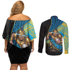 Gold Coast Titans Rugby Couples Matching Off Shoulder Short Dress and Long Sleeve Button Shirt Tribal Polynesian Power Art - Lightning Mascot