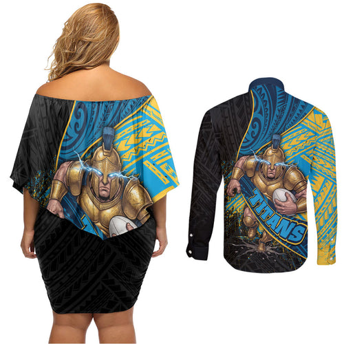 Gold Coast Titans Rugby Couples Matching Off Shoulder Short Dress and Long Sleeve Button Shirt Tribal Polynesian Power Art - Lightning Mascot