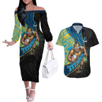 Gold Coast Titans Rugby Couples Matching Off The Shoulder Long Sleeve Dress and Hawaiian Shirt Tribal Polynesian Power Art - Lightning Mascot
