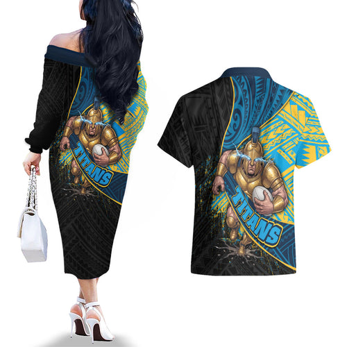 Gold Coast Titans Rugby Couples Matching Off The Shoulder Long Sleeve Dress and Hawaiian Shirt Tribal Polynesian Power Art - Lightning Mascot