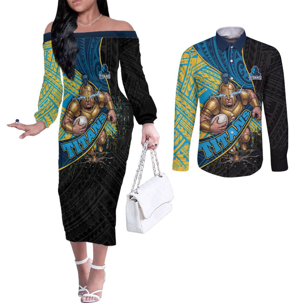 Gold Coast Titans Rugby Couples Matching Off The Shoulder Long Sleeve Dress and Long Sleeve Button Shirt Tribal Polynesian Power Art - Lightning Mascot