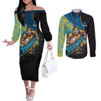 Gold Coast Titans Rugby Couples Matching Off The Shoulder Long Sleeve Dress and Long Sleeve Button Shirt Tribal Polynesian Power Art - Lightning Mascot