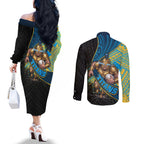 Gold Coast Titans Rugby Couples Matching Off The Shoulder Long Sleeve Dress and Long Sleeve Button Shirt Tribal Polynesian Power Art - Lightning Mascot