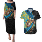 Gold Coast Titans Rugby Couples Matching Puletasi and Hawaiian Shirt Tribal Polynesian Power Art - Lightning Mascot