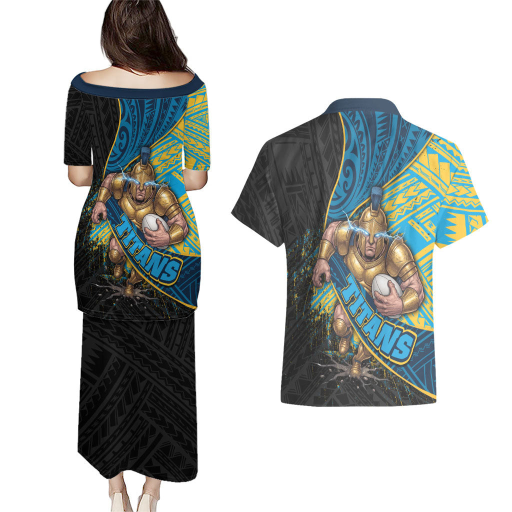 Gold Coast Titans Rugby Couples Matching Puletasi and Hawaiian Shirt Tribal Polynesian Power Art - Lightning Mascot