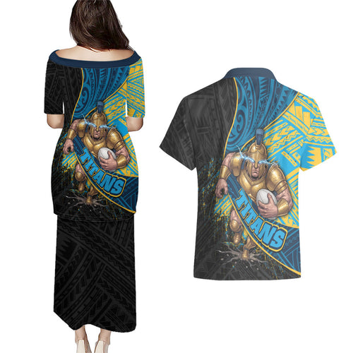 Gold Coast Titans Rugby Couples Matching Puletasi and Hawaiian Shirt Tribal Polynesian Power Art - Lightning Mascot