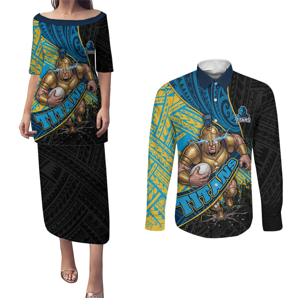 Gold Coast Titans Rugby Couples Matching Puletasi and Long Sleeve Button Shirt Tribal Polynesian Power Art - Lightning Mascot