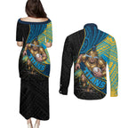 Gold Coast Titans Rugby Couples Matching Puletasi and Long Sleeve Button Shirt Tribal Polynesian Power Art - Lightning Mascot