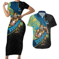 Gold Coast Titans Rugby Couples Matching Short Sleeve Bodycon Dress and Hawaiian Shirt Tribal Polynesian Power Art - Lightning Mascot