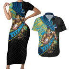 Gold Coast Titans Rugby Couples Matching Short Sleeve Bodycon Dress and Hawaiian Shirt Tribal Polynesian Power Art - Lightning Mascot
