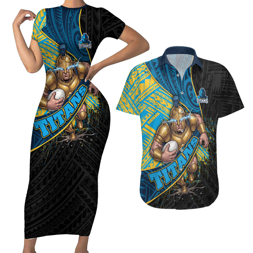 Gold Coast Titans Rugby Couples Matching Short Sleeve Bodycon Dress and Hawaiian Shirt Tribal Polynesian Power Art - Lightning Mascot