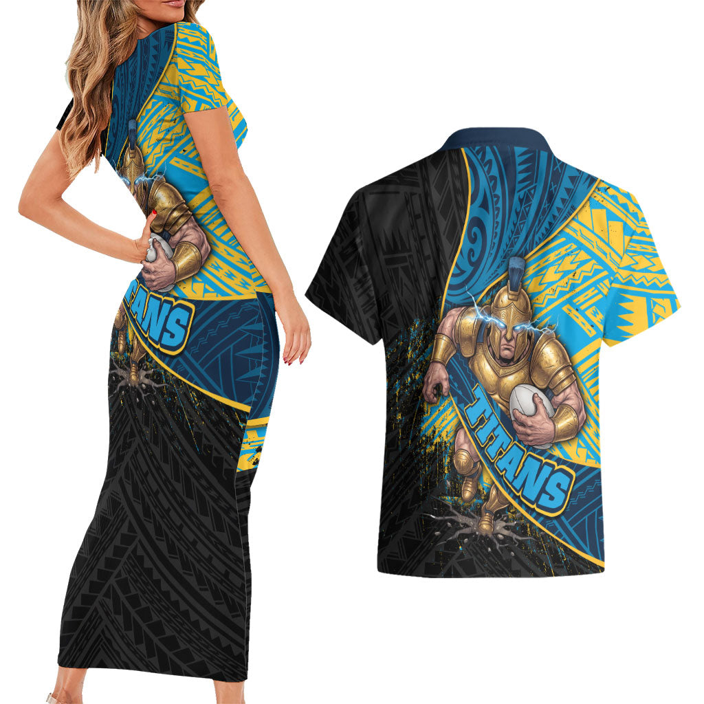 Gold Coast Titans Rugby Couples Matching Short Sleeve Bodycon Dress and Hawaiian Shirt Tribal Polynesian Power Art - Lightning Mascot
