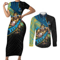 Gold Coast Titans Rugby Couples Matching Short Sleeve Bodycon Dress and Long Sleeve Button Shirt Tribal Polynesian Power Art - Lightning Mascot