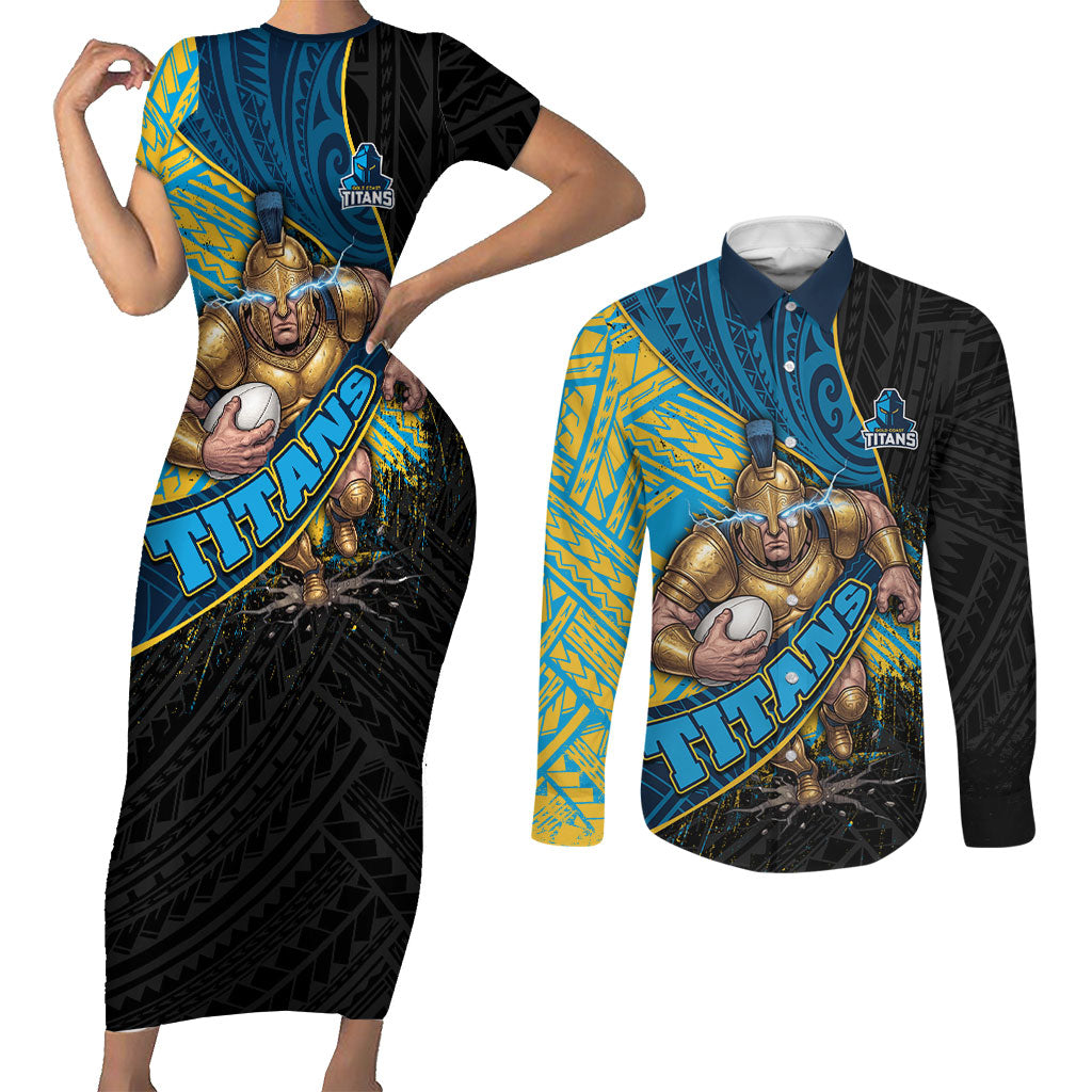 Gold Coast Titans Rugby Couples Matching Short Sleeve Bodycon Dress and Long Sleeve Button Shirt Tribal Polynesian Power Art - Lightning Mascot