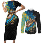 Gold Coast Titans Rugby Couples Matching Short Sleeve Bodycon Dress and Long Sleeve Button Shirt Tribal Polynesian Power Art - Lightning Mascot