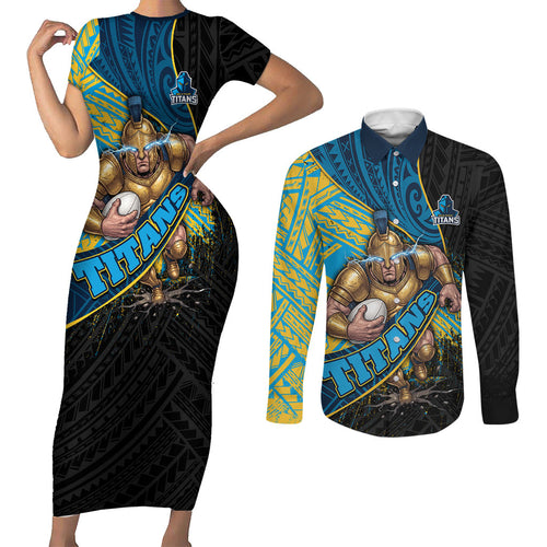 Gold Coast Titans Rugby Couples Matching Short Sleeve Bodycon Dress and Long Sleeve Button Shirt Tribal Polynesian Power Art - Lightning Mascot