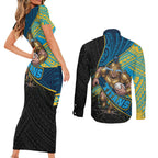 Gold Coast Titans Rugby Couples Matching Short Sleeve Bodycon Dress and Long Sleeve Button Shirt Tribal Polynesian Power Art - Lightning Mascot