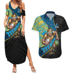 Gold Coast Titans Rugby Couples Matching Summer Maxi Dress and Hawaiian Shirt Tribal Polynesian Power Art - Lightning Mascot