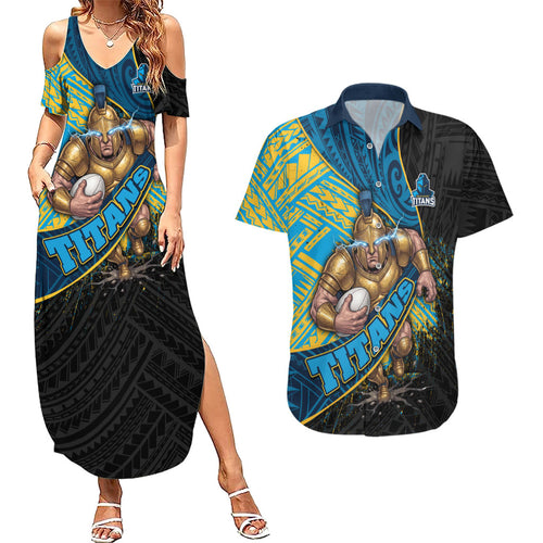 Gold Coast Titans Rugby Couples Matching Summer Maxi Dress and Hawaiian Shirt Tribal Polynesian Power Art - Lightning Mascot