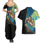 Gold Coast Titans Rugby Couples Matching Summer Maxi Dress and Hawaiian Shirt Tribal Polynesian Power Art - Lightning Mascot