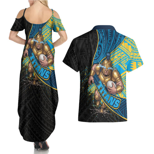 Gold Coast Titans Rugby Couples Matching Summer Maxi Dress and Hawaiian Shirt Tribal Polynesian Power Art - Lightning Mascot