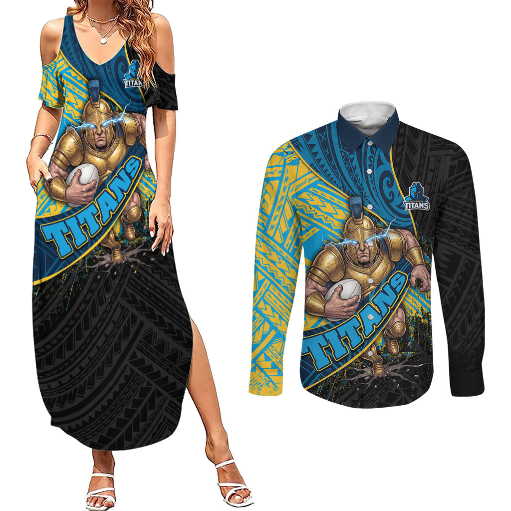 Gold Coast Titans Rugby Couples Matching Summer Maxi Dress and Long Sleeve Button Shirt Tribal Polynesian Power Art - Lightning Mascot