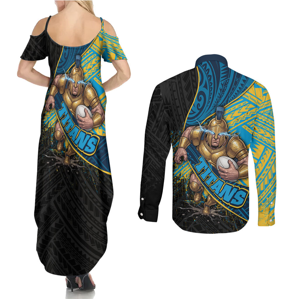 Gold Coast Titans Rugby Couples Matching Summer Maxi Dress and Long Sleeve Button Shirt Tribal Polynesian Power Art - Lightning Mascot