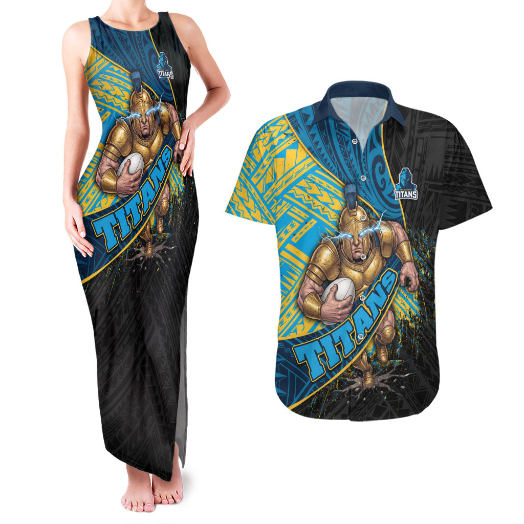 Gold Coast Titans Rugby Couples Matching Tank Maxi Dress and Hawaiian Shirt Tribal Polynesian Power Art - Lightning Mascot