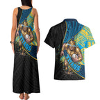 Gold Coast Titans Rugby Couples Matching Tank Maxi Dress and Hawaiian Shirt Tribal Polynesian Power Art - Lightning Mascot