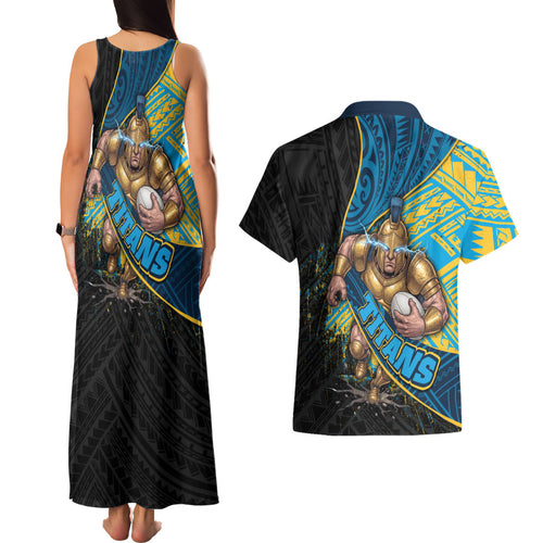 Gold Coast Titans Rugby Couples Matching Tank Maxi Dress and Hawaiian Shirt Tribal Polynesian Power Art - Lightning Mascot