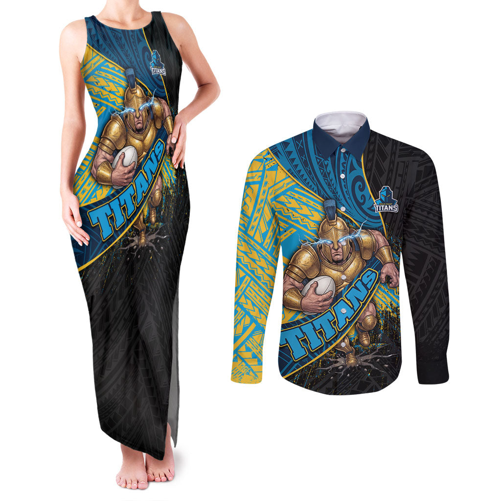 Gold Coast Titans Rugby Couples Matching Tank Maxi Dress and Long Sleeve Button Shirt Tribal Polynesian Power Art - Lightning Mascot
