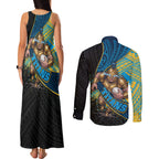 Gold Coast Titans Rugby Couples Matching Tank Maxi Dress and Long Sleeve Button Shirt Tribal Polynesian Power Art - Lightning Mascot