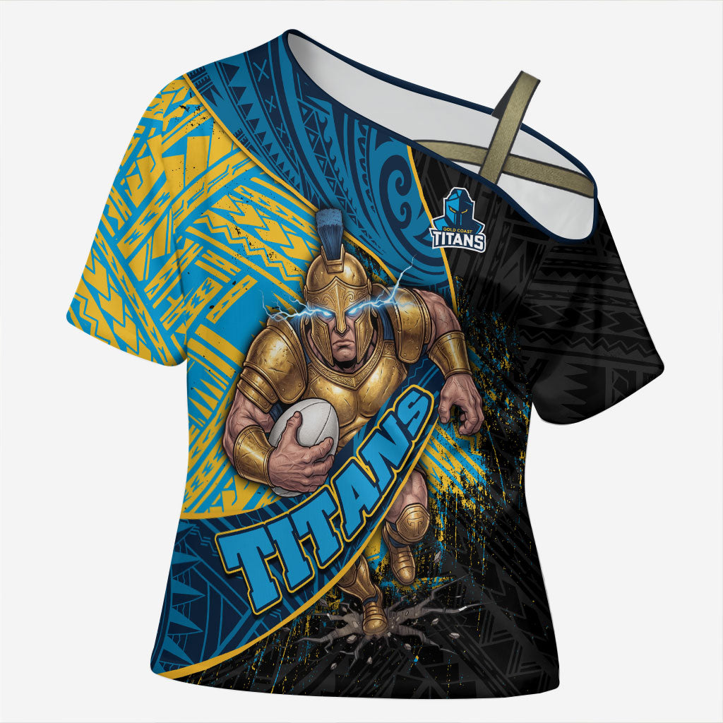 Gold Coast Titans Rugby Cross Shoulder Shirt Tribal Polynesian Power Art - Lightning Mascot