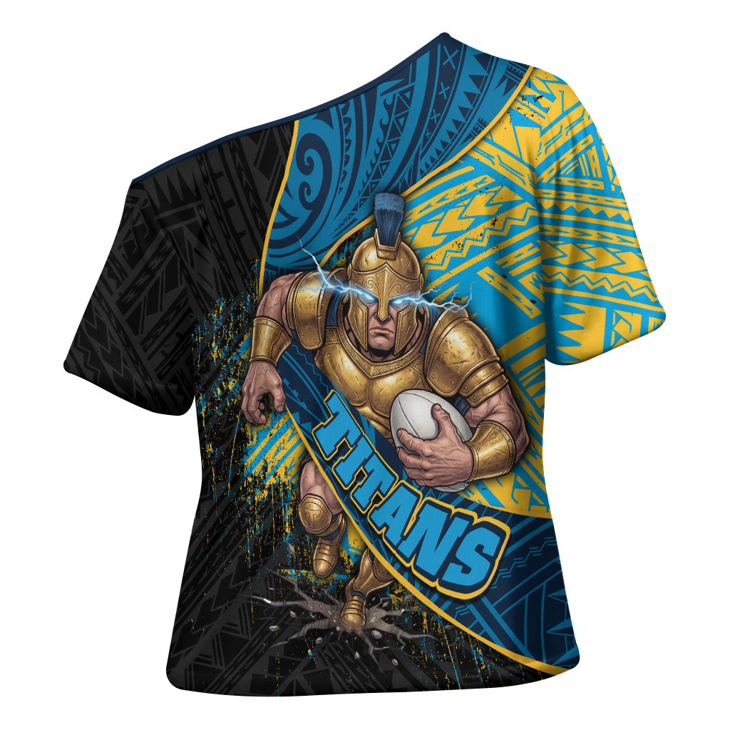 Gold Coast Titans Rugby Cross Shoulder Shirt Tribal Polynesian Power Art - Lightning Mascot