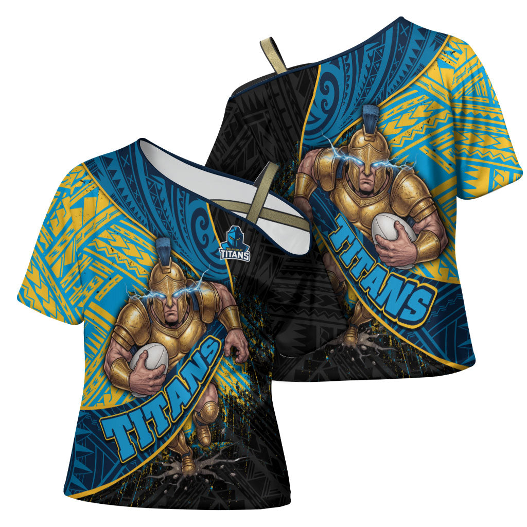 Gold Coast Titans Rugby Cross Shoulder Shirt Tribal Polynesian Power Art - Lightning Mascot