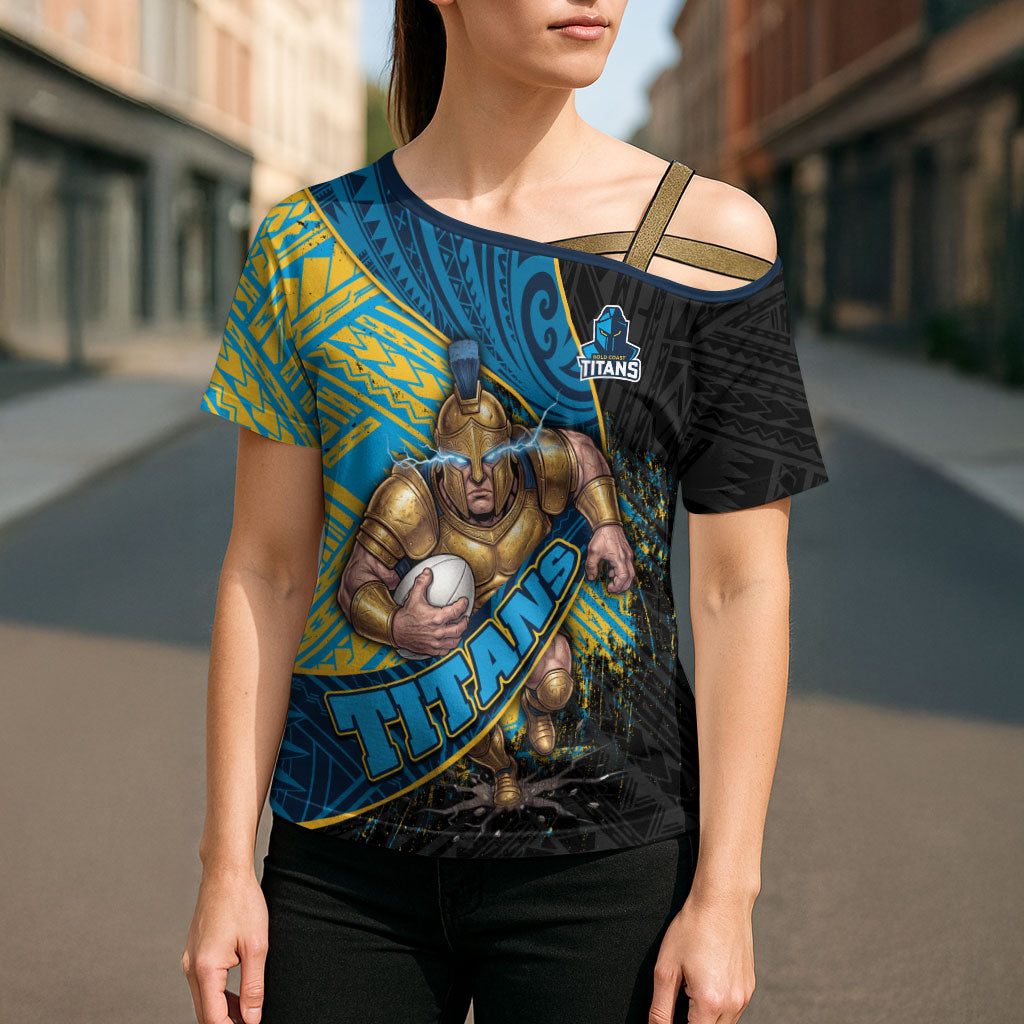 Gold Coast Titans Rugby Cross Shoulder Shirt Tribal Polynesian Power Art - Lightning Mascot