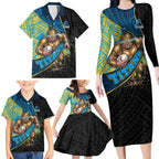 Gold Coast Titans Rugby Family Matching Long Sleeve Bodycon Dress and Hawaiian Shirt Tribal Polynesian Power Art - Lightning Mascot