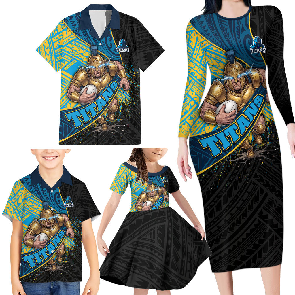 Gold Coast Titans Rugby Family Matching Long Sleeve Bodycon Dress and Hawaiian Shirt Tribal Polynesian Power Art - Lightning Mascot