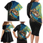Gold Coast Titans Rugby Family Matching Long Sleeve Bodycon Dress and Hawaiian Shirt Tribal Polynesian Power Art - Lightning Mascot