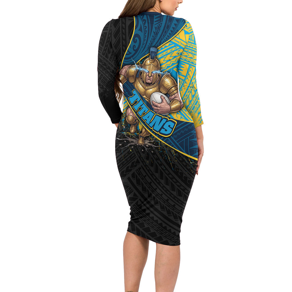 Gold Coast Titans Rugby Family Matching Long Sleeve Bodycon Dress and Hawaiian Shirt Tribal Polynesian Power Art - Lightning Mascot