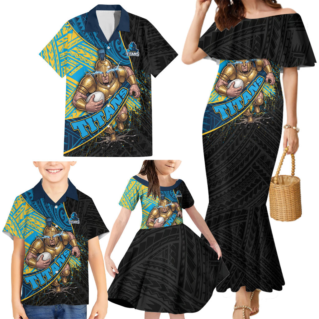 Gold Coast Titans Rugby Family Matching Mermaid Dress and Hawaiian Shirt Tribal Polynesian Power Art - Lightning Mascot