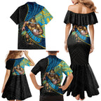 Gold Coast Titans Rugby Family Matching Mermaid Dress and Hawaiian Shirt Tribal Polynesian Power Art - Lightning Mascot