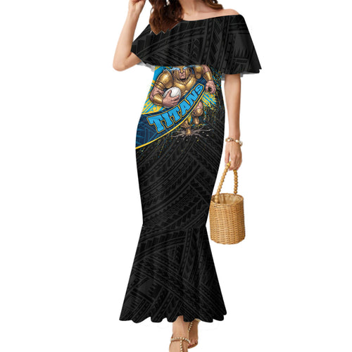 Gold Coast Titans Rugby Family Matching Mermaid Dress and Hawaiian Shirt Tribal Polynesian Power Art - Lightning Mascot